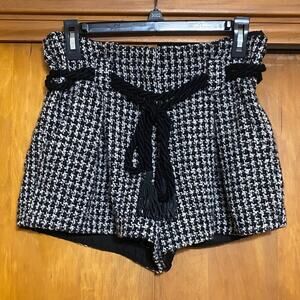 L'AGENCE Black White Tweed High Waist Shorts Houndstooth Rope Belt Leather